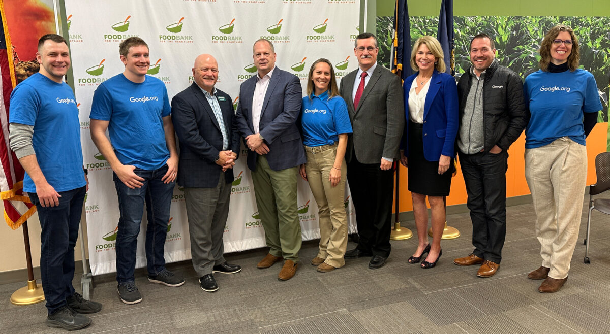 Photo of Google representatives with Food Bank for the Heartland President & CEO, Brian Barks, along with Mayor Walsh, Mayor Black, and Mayor Stothert