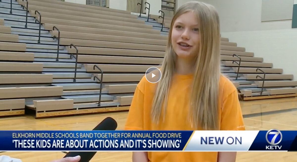 Screenshot of Sophia Franzluebbers speaking with KETV about the Elkhorn Middle Schools' BackPack drive for the Food Bank