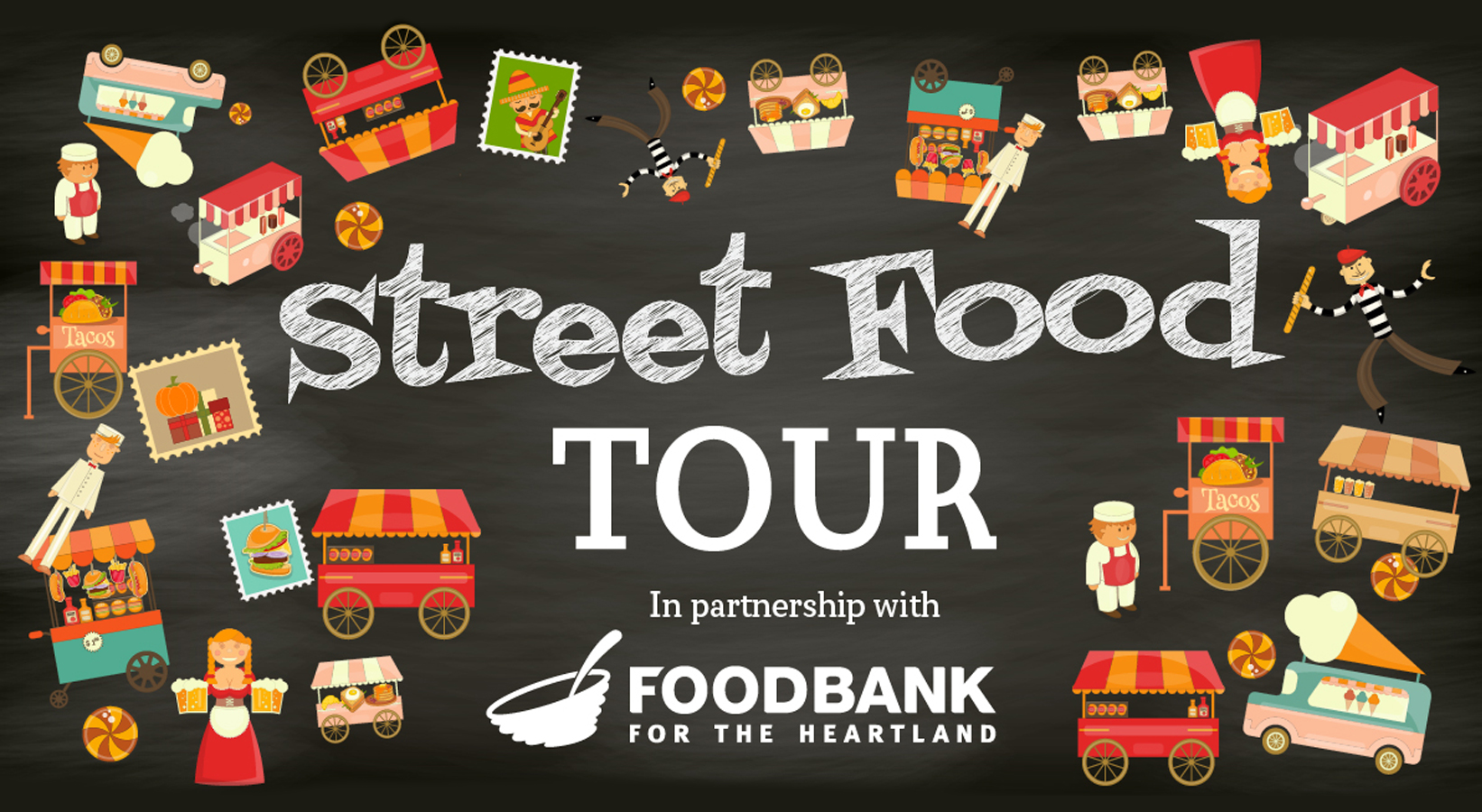 Midtown Crossing's Street Food Tour in partnership with Food Bank for the Heartland graphic with food stands, people, and food icons