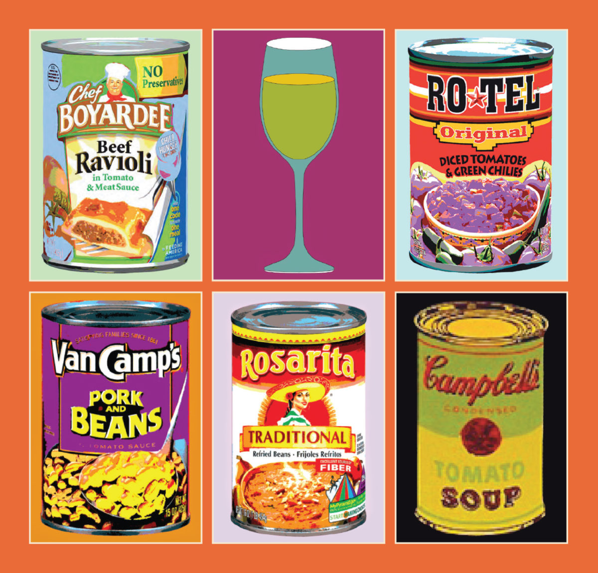 Andy Warhol-inspired design of canned food and a wine glass