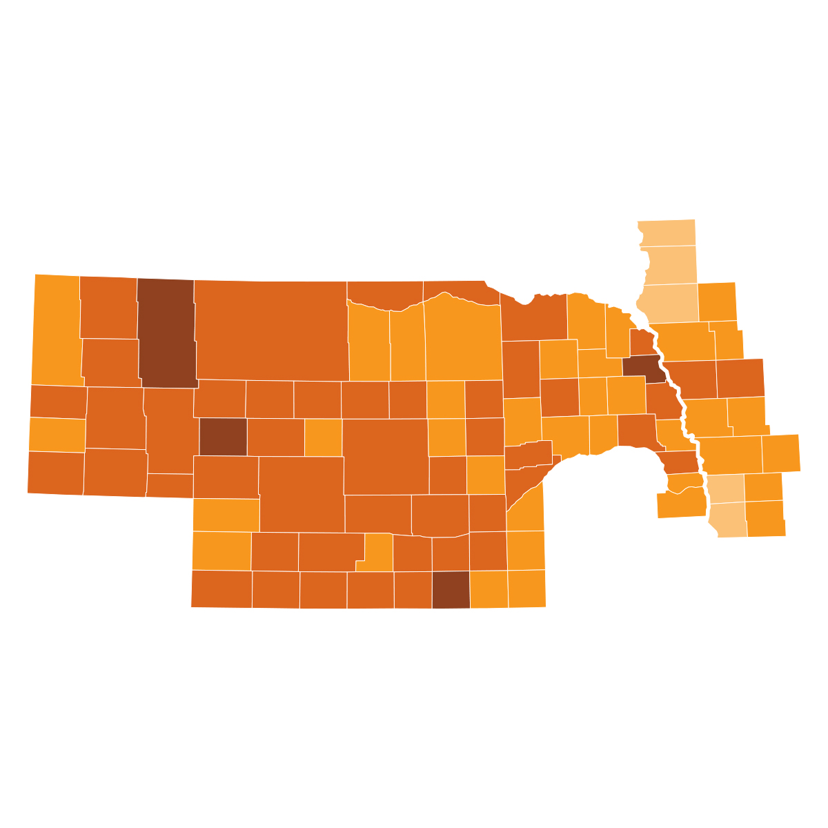 Food insecurity rate heat map of Nebraska and Iowa counties served by Food Bank for the Heartland