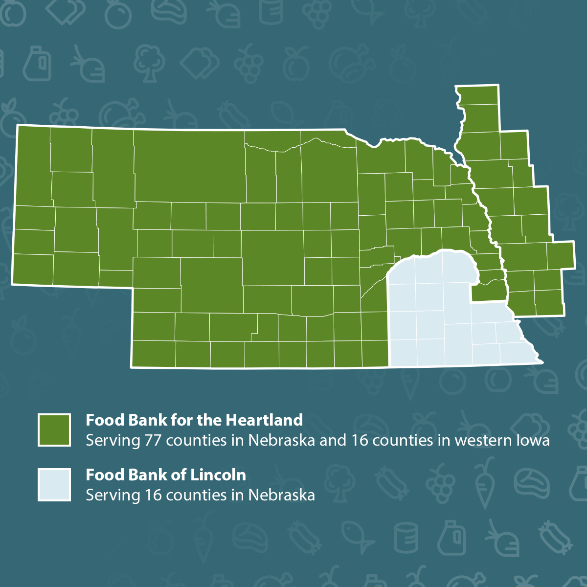Food Bank For the Heartland Service Area Map: Serving 93 counties in Nebraska and western Iowa