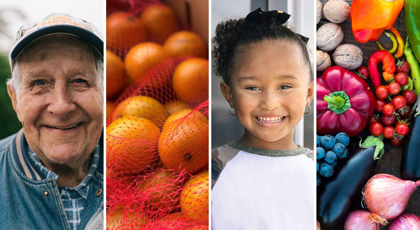 Photos of a senior man, oranges, a young girl, and assorted vegetables