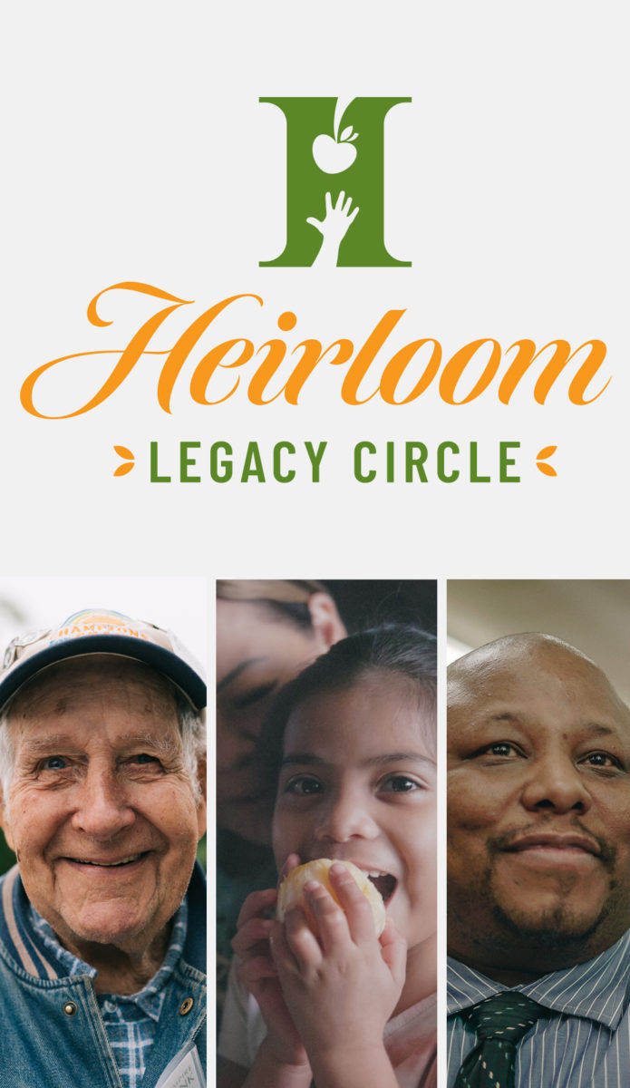 Heirloom Legacy Circle logo with photos of senior man, child holding a piece of fruit, and a middle age man