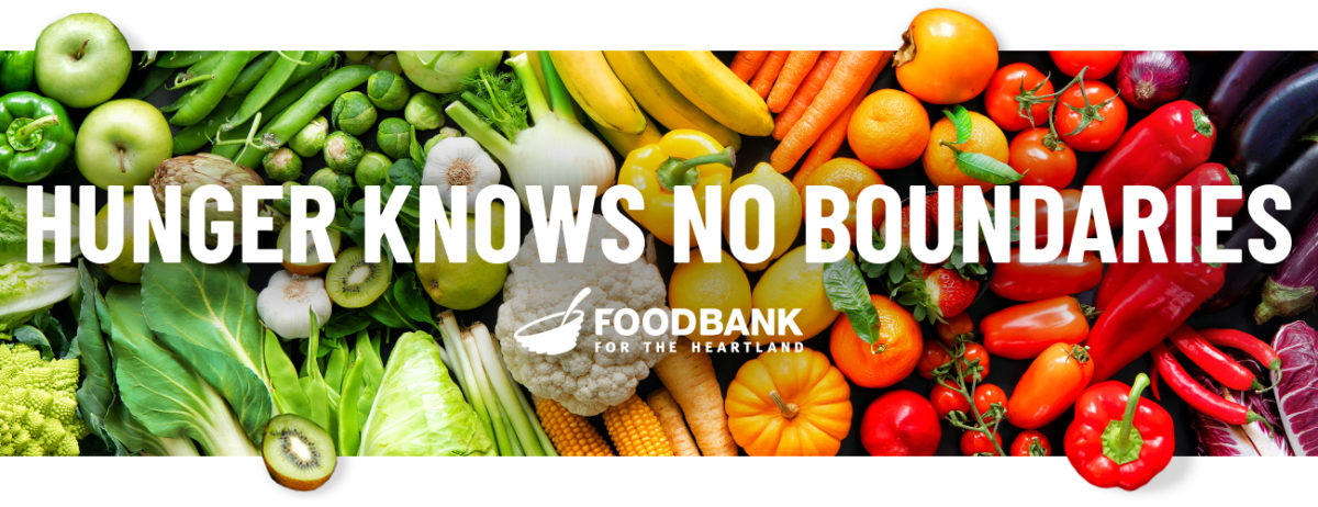 Background photo of fresh produce with copy that reads Hunger knows no boundaries