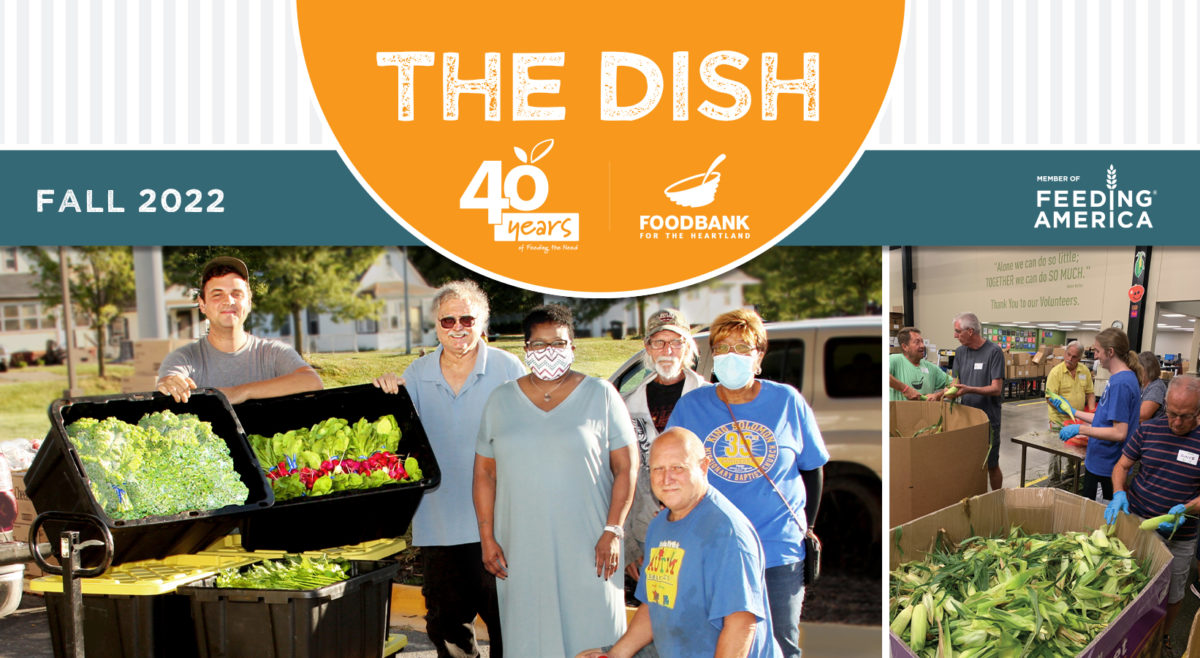 Fall 2022 edition of The Dish photos of Network Partners with fresh produce and volunteers husking corn