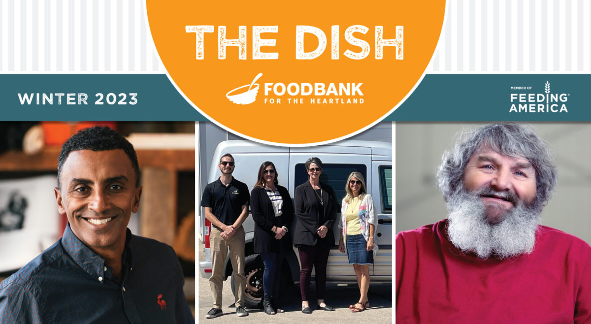 Winter 2023 edition of The Dish photo of Chef Marcus Samuelsson, Network Partners, and Butch (a mobile pantry recipient)